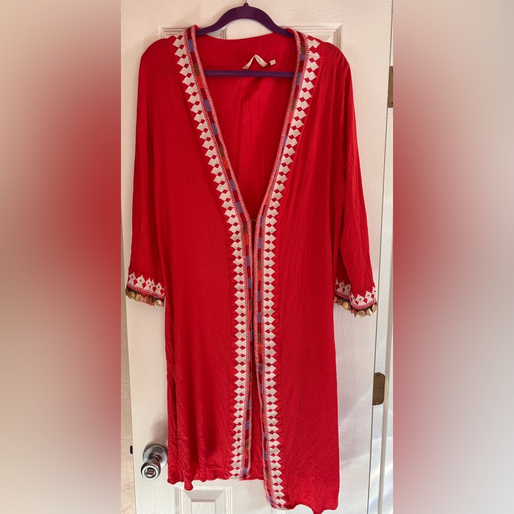 Soft Surroundings Hacienda Gauzy Beaded Kimono Jacket Vibrant Coral